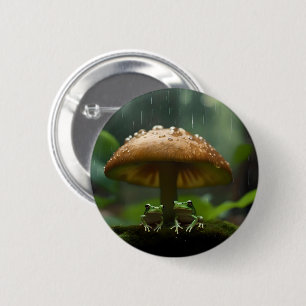 Badge Rond 5 Cm Refuge Rainy Day : Frogs Shelter Sous Champignons