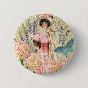 Badge Rond 5 Cm Regency de femme victorienne rose