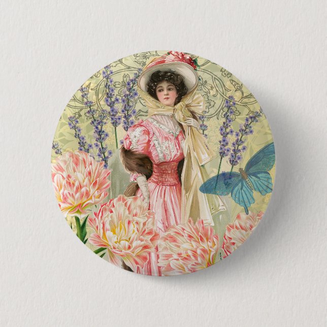 Badge Rond 5 Cm Regency de femme victorienne rose (Devant)