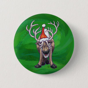 Badge Rond 5 Cm Reindees Noël Sur Vert