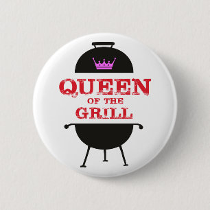Badge Rond 5 Cm Reine Du Grill, Rouge Couronne Rose