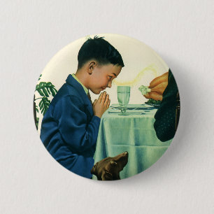 Badge Rond 5 Cm Religion vintage, un garçon dit grâce à Thanksgivi