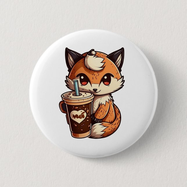 Badge Rond 5 Cm Renard avec une tasse (Devant)