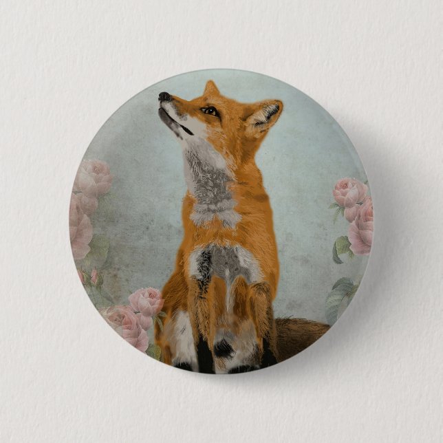 Badge Rond 5 Cm renard, fleurs, (Devant)