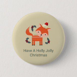 Badge Rond 5 Cm Renard Orange À Santa Hat Joli Noël Whimsical