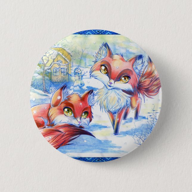 Badge Rond 5 Cm Renards d'hiver (Devant)