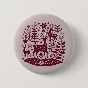 Badge Rond 5 Cm Rennes de Noël Art Populaire Nordique Scandinave