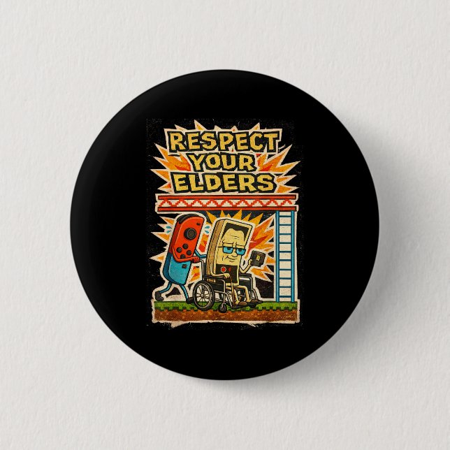 Badge Rond 5 Cm Respect Your Elders Funny Gamer Controller 80s Ret (Devant)
