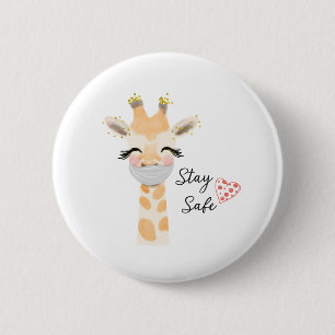 Badge Rond 5 Cm Restez en sécurité, masque visage Giraffe