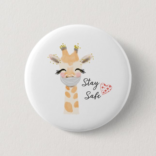 Badge Rond 5 Cm Restez en sécurité, masque visage Giraffe (Devant)