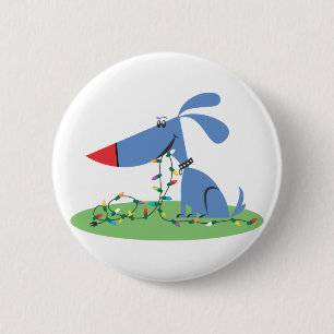Badge Rond 5 Cm Retro 1950 Blue Dog Christmas Lights