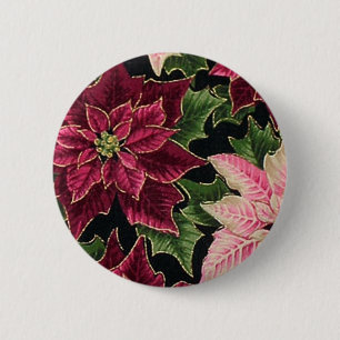 Badge Rond 5 Cm Rétro 50s Poinsettia Bordeaux Rose