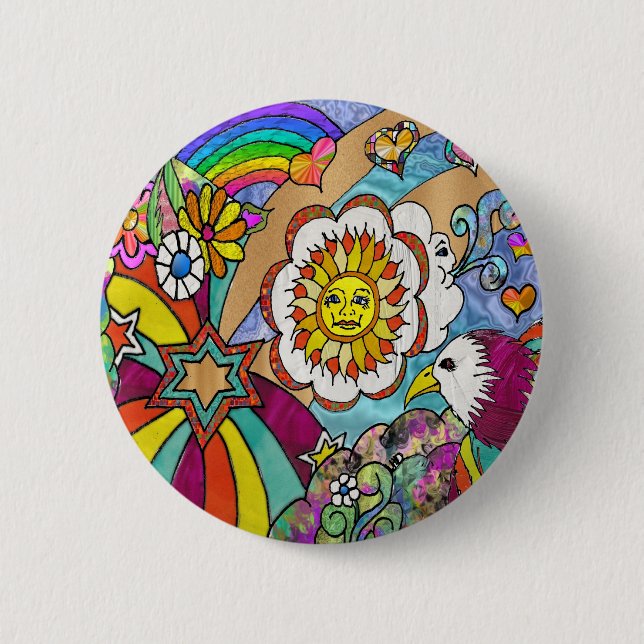 Badge Rond 5 Cm Retro 60s Psychedelic Sunshine Aigle Cadeaux (Devant)
