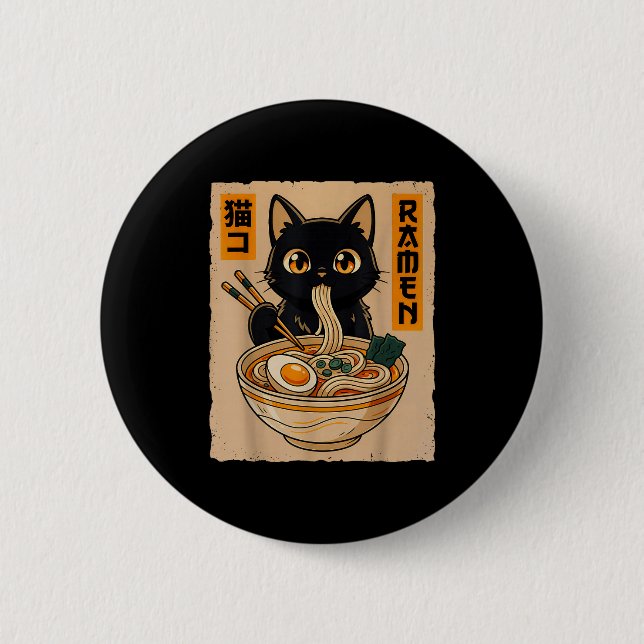 Badge Rond 5 Cm Retro Anime Kawaii Black Cat Eating Ramen Noodles  (Devant)