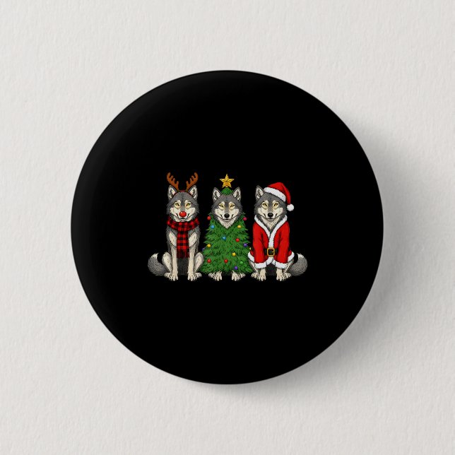 Badge Rond 5 Cm Retro Christmas Wolf Santa Reindeer  (Devant)