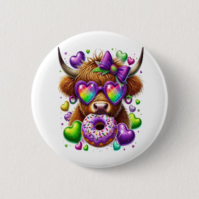 Badge Rond 5 Cm Retro Mardi Gras, Vache des Highlands (Devant)