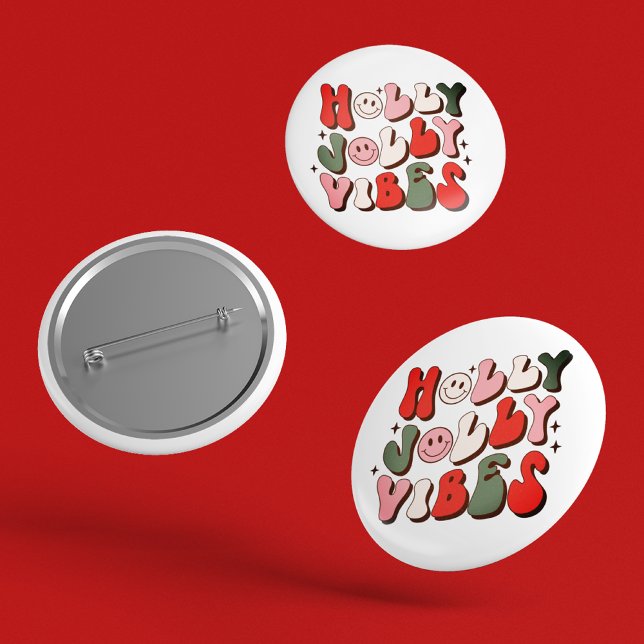 Badge Rond 5 Cm Retro Noël Holly Jolly Vibes Vacances tendance (Créateur téléchargé)