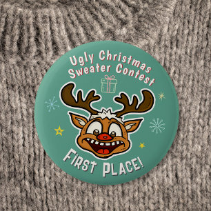 Badge Rond 5 Cm Retro Reindeer Ugly Christmas Sweer Concours 1er
