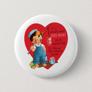 Badge Rond 5 Cm Rétro Saint-Valentin, garçon vintage pêchant des c