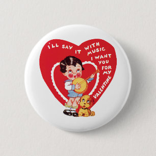 Badge Rond 5 Cm Rétro Saint-Valentin, musique garçon vintage Banjo