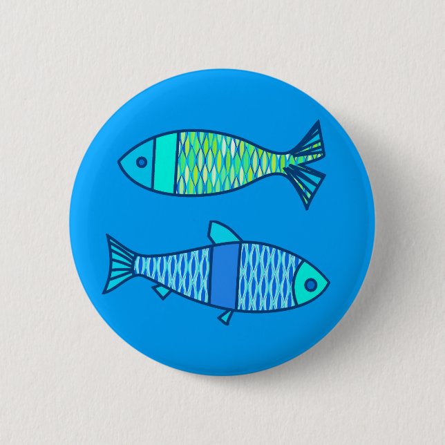 Badge Rond 5 Cm Rétros poissons modernes, turquoise et bleu (Devant)
