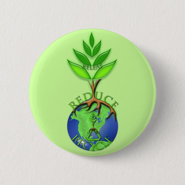 Badge Rond 5 Cm Réutiliser Réduire Recycler Arbre Terre Globe (Devant)