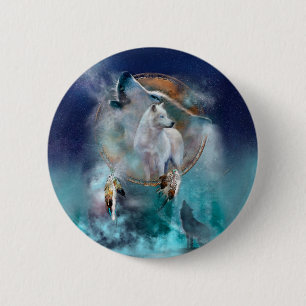 Badge Rond 5 Cm Rêveur indien et loup à tête ethnique