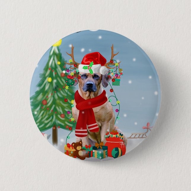 Badge Rond 5 Cm Rhodesian Ridgeback Chien dans neige cadeau de Noë (Devant)