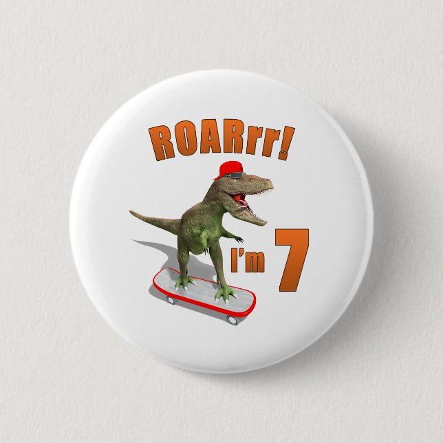 Badge Rond 5 Cm ROAR I'm 7 Skateboard T-Rex Kid Anniversaire (Devant)