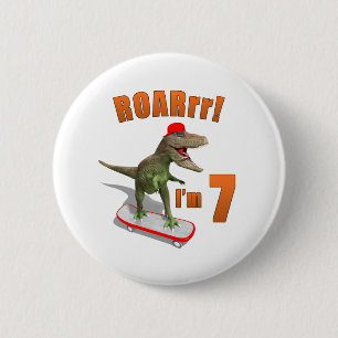 Badge Rond 5 Cm ROAR I'm 7 Skateboard T-Rex Kid Anniversaire