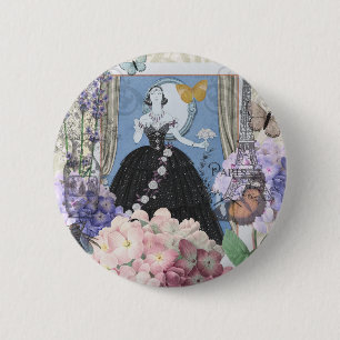 Badge Rond 5 Cm Robe élégante bleue femme florale fantaisie 