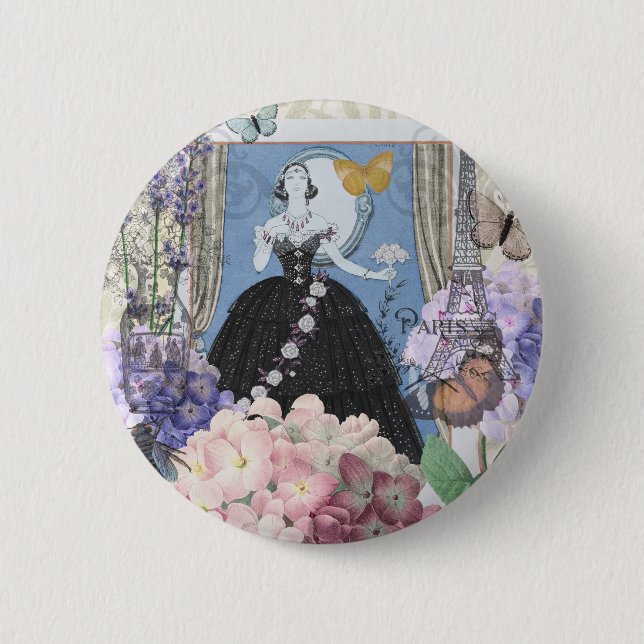 Badge Rond 5 Cm Robe élégante bleue pour femme Fancy Floral  (Devant)