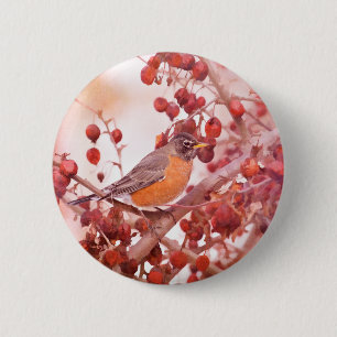 Badge Rond 5 Cm Robin Avec Berries Rouges