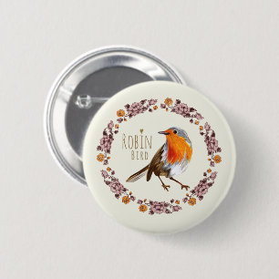 Badge Rond 5 Cm Robin Botanical vintage Flowers for bird lover