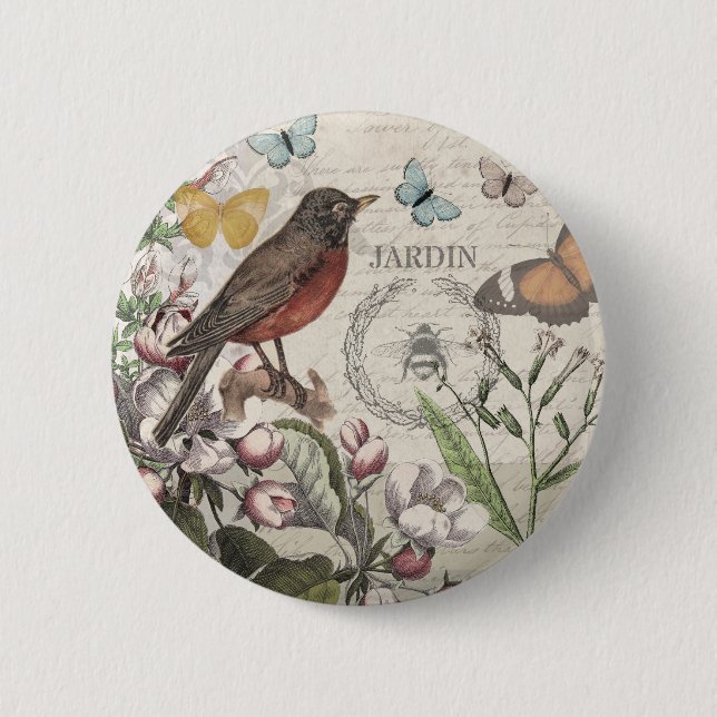 Badge Rond 5 Cm Robin Elegant Bird Butterfly French Art (Devant)