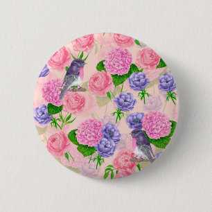 Badge Rond 5 Cm Robin et fleurs, motif aquarelle