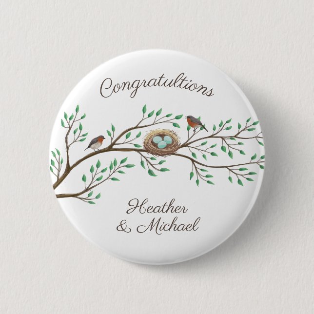 Badge Rond 5 Cm Robin Oiseaux Nid Oeufs Baby shower de printemps (Devant)