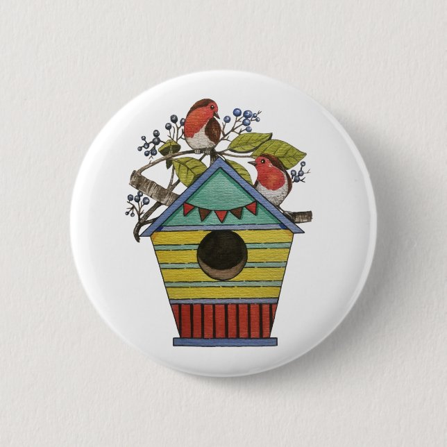 Badge Rond 5 Cm Robins Aux Bleuets Et À La Maison D'Oiseaux (Devant)