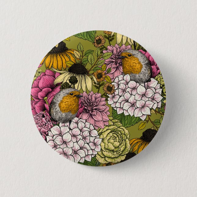 Badge Rond 5 Cm Robins dans le jardin 2 (Devant)