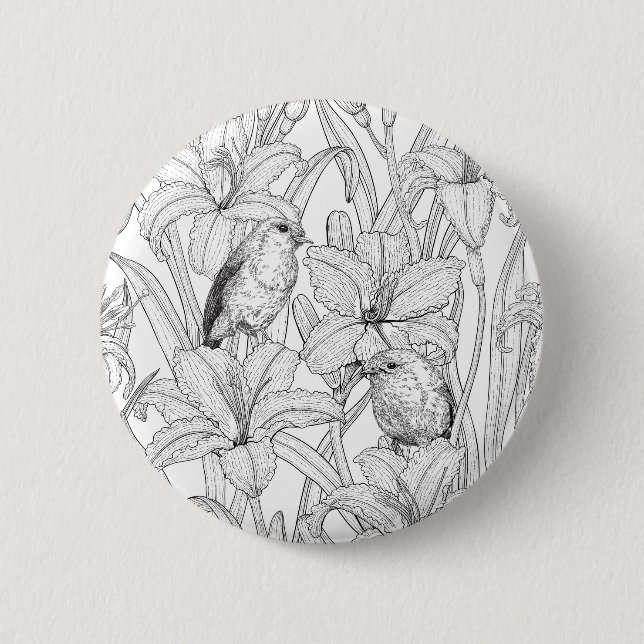Badge Rond 5 Cm Robins et fleurs de lys, noir et blanc (Devant)