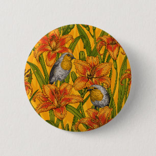 Badge Rond 5 Cm Robins et fleurs de lys, orange et vert