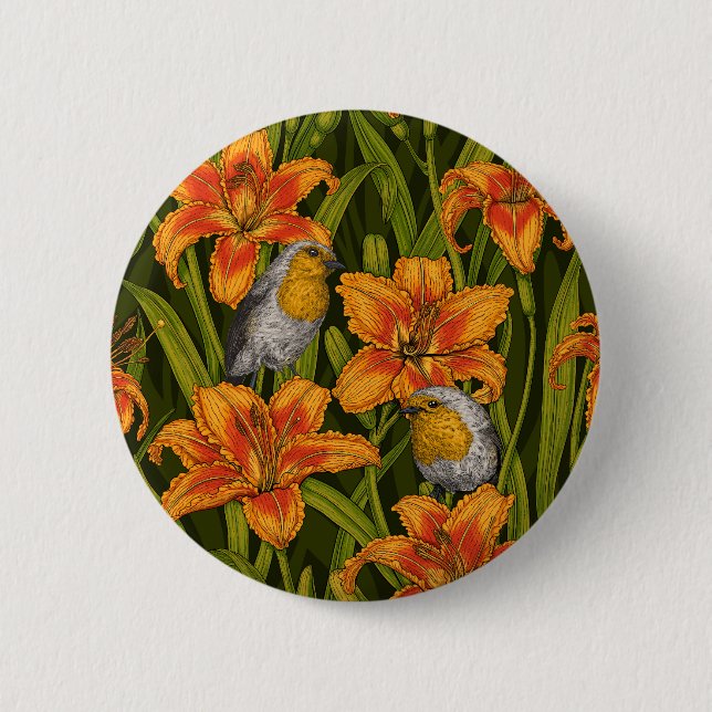 Badge Rond 5 Cm Robins et fleurs de lys, orange et vert foncé (Devant)