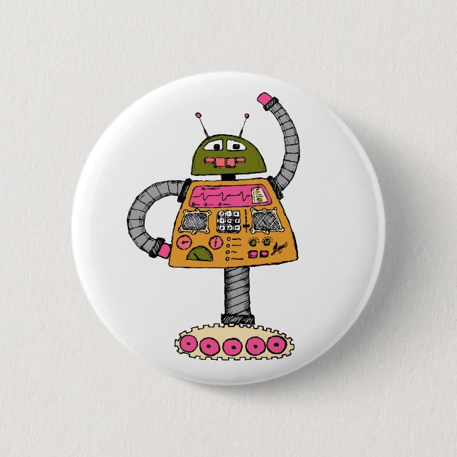Badge Rond 5 Cm Robot Frankie, orange sur blanc (Devant)