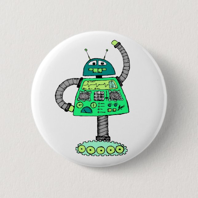 Badge Rond 5 Cm Robot Frankie, vert sur blanc (Devant)