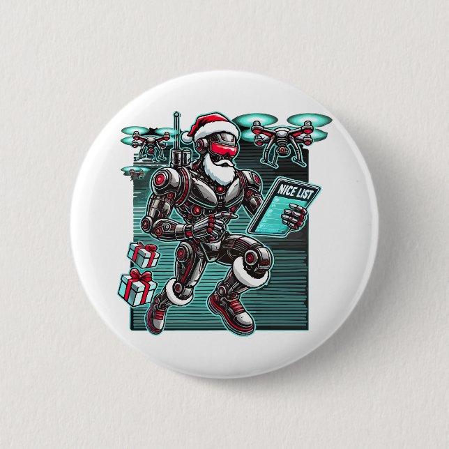 Badge Rond 5 Cm Robot Père Noël propulsé par IA avec drones et Noë (Devant)