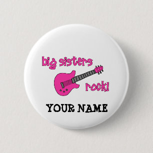 Badge Rond 5 Cm Roche de grandes soeurs ! avec la guitare rose