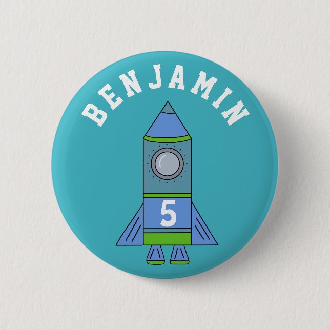Badge Rond 5 Cm Rocket Ship Personnalisable Bleu Anniversaire (Devant)
