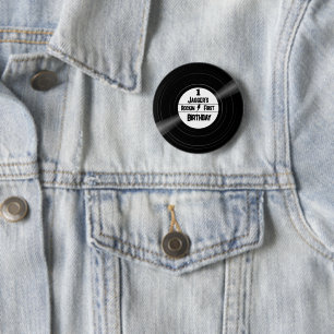 Badge Rond 5 Cm Rockin Premier Anniversaire Vinyl Record Noir et B