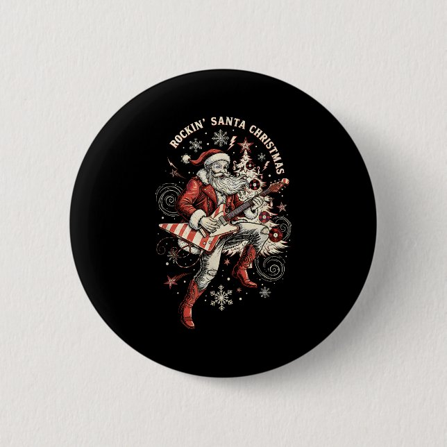 Badge Rond 5 Cm Rockin Santa Playing Guitar Funny Christmas Retro  (Devant)