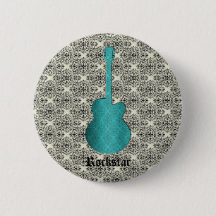 Badge Rond 5 Cm Rockstar Damask Guitar Button, Turquoise